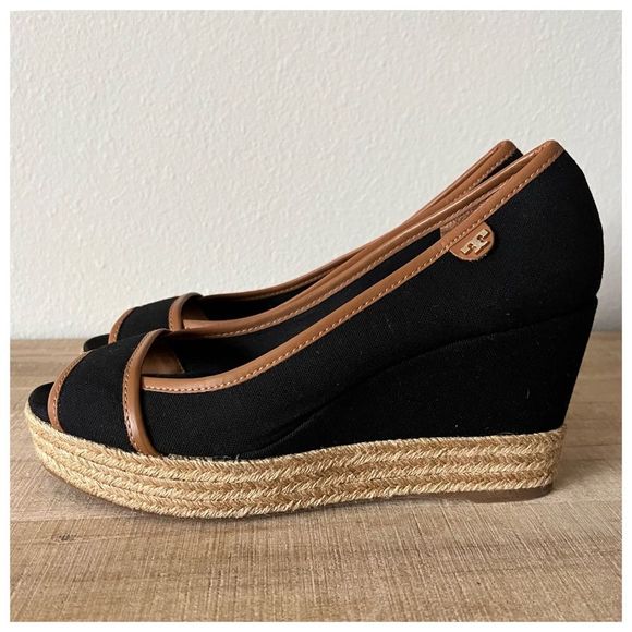 Tory Burch | Black Majorca Peep Toe Canvas Wedge | 9 - Picture 13 of 15